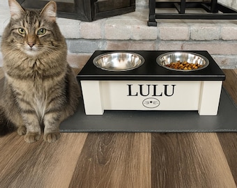 Personalized Elevated Cat Feeder with Storage – Custom Wooden Raised Cat Bowl Stand