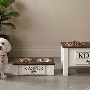 Elevated dog bowl for XS and Large dog personalized for each.