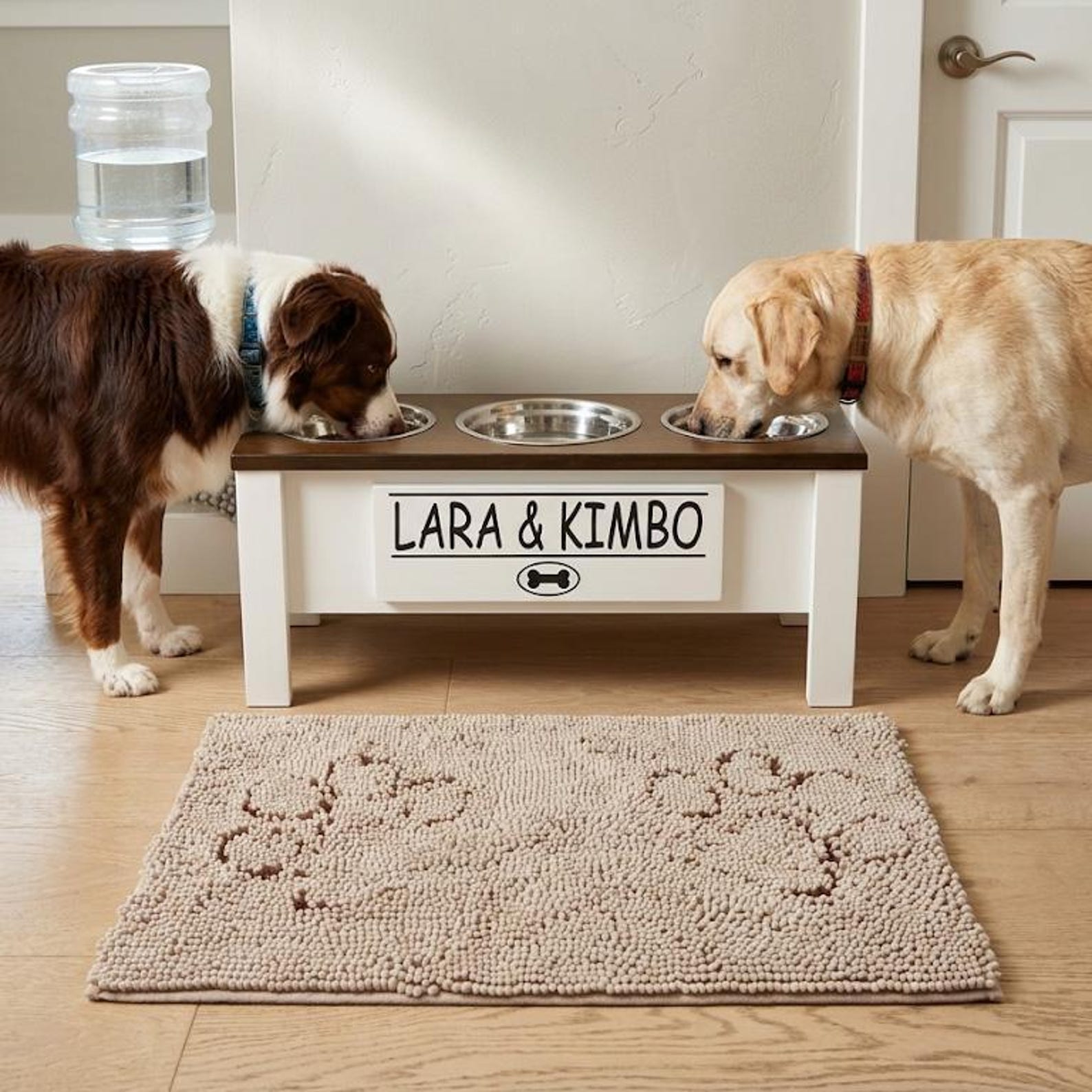 Personalized Elevated 3-Bowl Dog Feeder with Storage: Custom Raised Pet Feeding Station - L, Brown