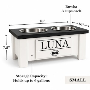 Personalized elevated dog feeder, small size with storage, double bowl raised dog feeding station, custom dog name feeder, wooden pet bowl stand, modern dog furniture. Small-sized dogs.
