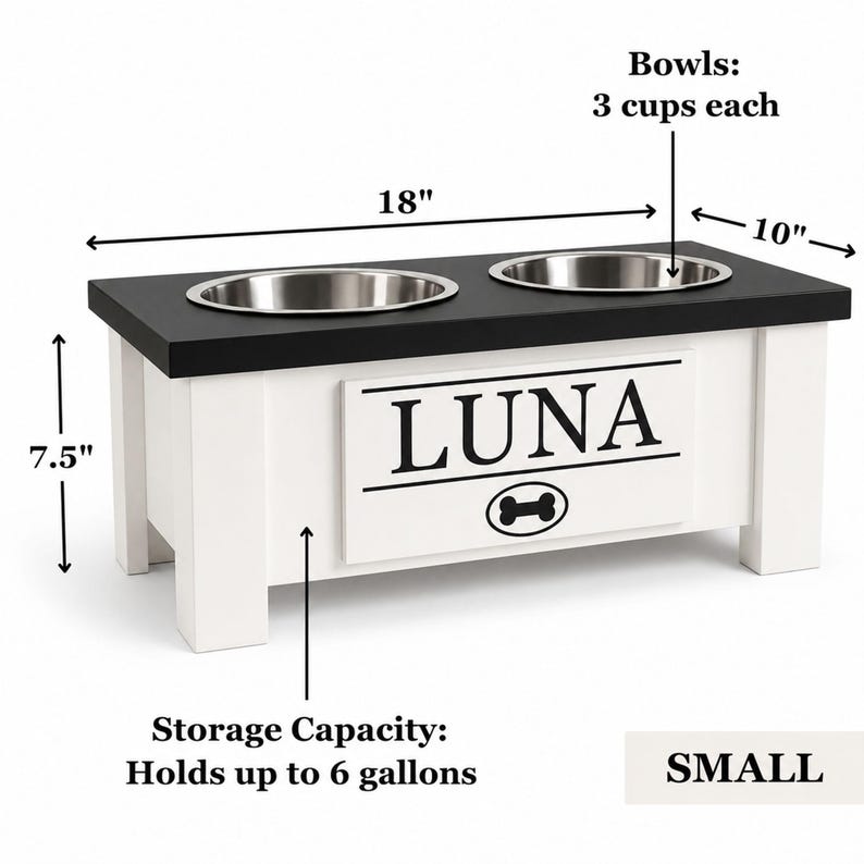 Personalized elevated dog feeder, small size with storage, double bowl raised dog feeding station, custom dog name feeder, wooden pet bowl stand, modern dog furniture. Small-sized dogs.