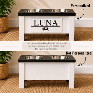 Personalized vs non-personalized elevated dog feeder comparison photo showing white wooden raised pet feeding station with black lid and stainless steel bowls. Top image features custom engraved nameplate. Bottom image shows non-personalized version without nameplate. Modern farmhouse style elevated dog bowl stand for dogs and cats, handcrafted pet feeding station with raised bowls for comfortable feeding