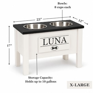 Personalized elevated dog feeder XL size with storage, double bowl dog feeding station, raised dog bowls for large dogs, custom engraved nameplate, wooden pet feeder furniture.
