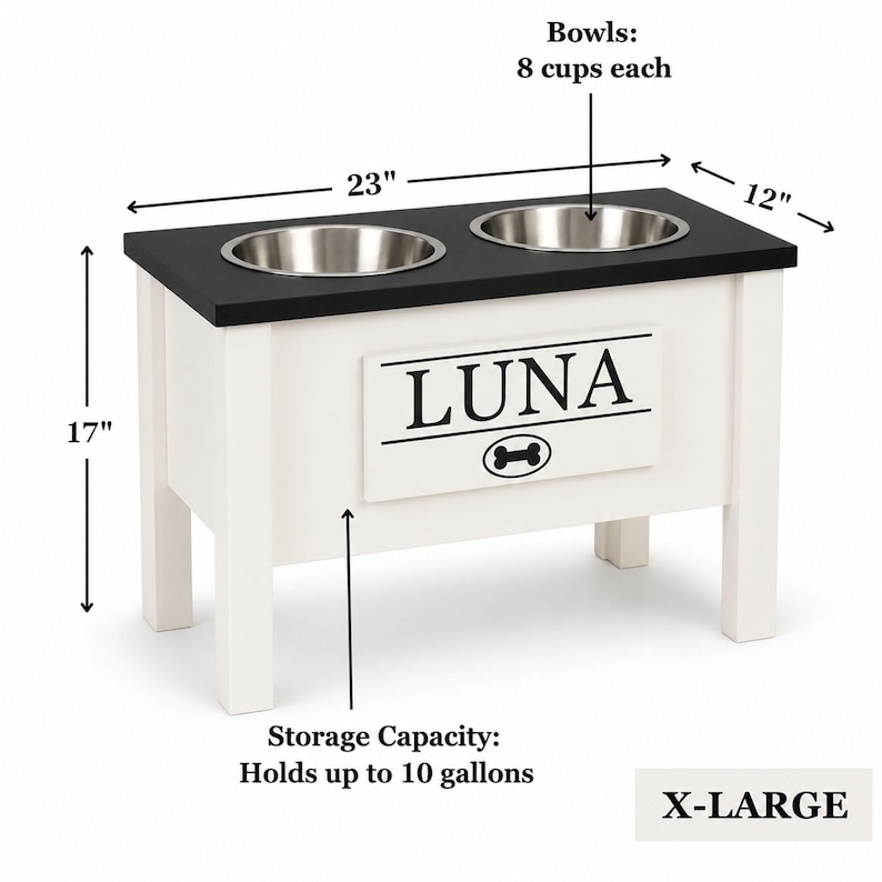 Personalized elevated dog feeder XL size with storage, double bowl dog feeding station, raised dog bowls for large dogs, custom engraved nameplate, wooden pet feeder furniture.