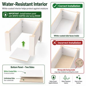 Water-resistant elevated dog feeder interior showing correct bottom panel installation with the white-coated side facing inside.