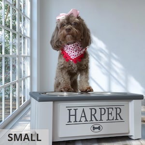 Dog wearing pink scarf with small personalized elevated feeder “HARPER.” Raised wooden dog bowl stand with custom engraved nameplate, removable stainless steel bowls, and stylish farmhouse design. Perfect for small breed dogs, supports better digestion and hydration. Customizable colors, sizes, and interchangeable tops make this feeder practical and attractive for modern homes. Handcrafted durable design built to last.