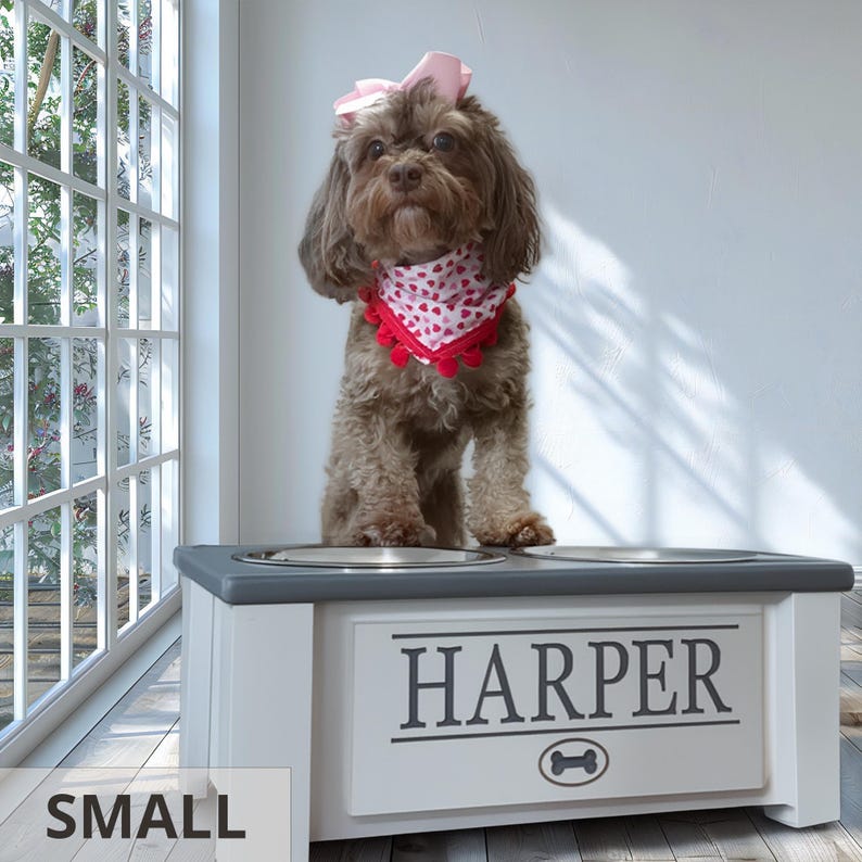 Dog wearing pink scarf with small personalized elevated feeder “HARPER.” Raised wooden dog bowl stand with custom engraved nameplate, removable stainless steel bowls, and stylish farmhouse design. Perfect for small breed dogs, supports better digestion and hydration. Customizable colors, sizes, and interchangeable tops make this feeder practical and attractive for modern homes. Handcrafted durable design built to last.