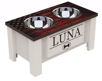 Personalized Elevated Dog Feeder - Medium - Internal Storage - American Flag