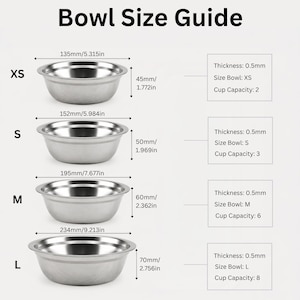 Stainless steel dog bowl size guide for elevated dog feeders showing XS, S, M, L sizes with dimensions and cup capacity. Comparison chart for small, medium, and large dog feeding bowls to help choose the right personalized raised dog feeder size.