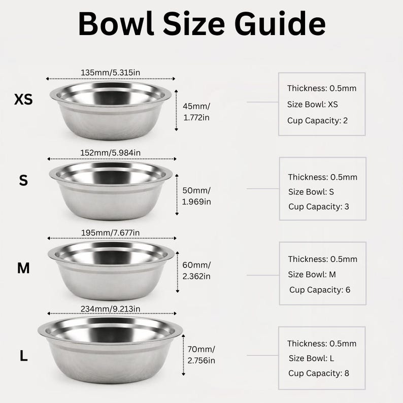 Stainless steel dog bowl size guide for elevated dog feeders showing XS, S, M, L sizes with dimensions and cup capacity. Comparison chart for small, medium, and large dog feeding bowls to help choose the right personalized raised dog feeder size.