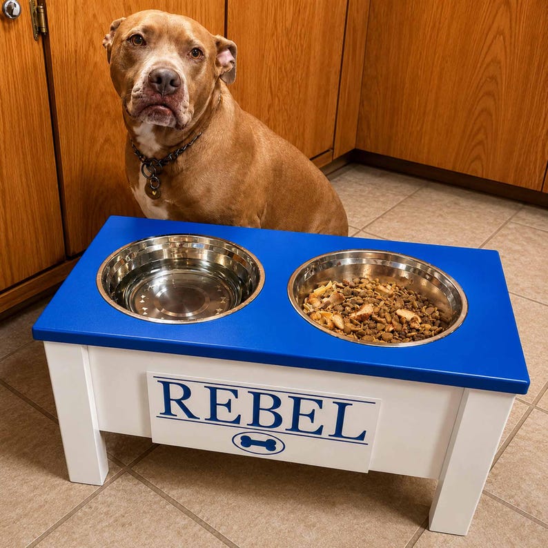 Personalized blue elevated dog feeder with stainless steel food and water bowls, white wooden raised dog bowl stand, and custom engraved nameplate.