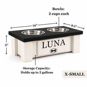 Personalized elevated dog feeder x-small size with storage, double bowl raised dog feeding station for small dogs, custom engraved nameplate, wooden pet feeder furniture.