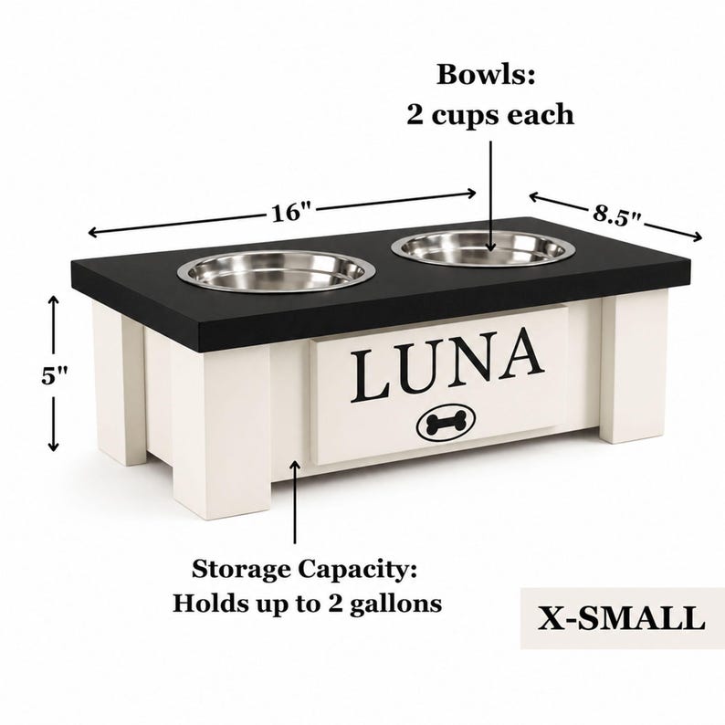 Personalized elevated dog feeder x-small size with storage, double bowl raised dog feeding station for small dogs, custom engraved nameplate, wooden pet feeder furniture.