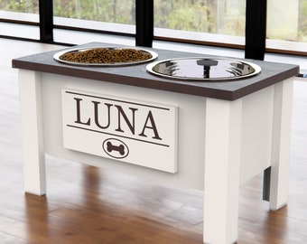 Personalized Elevated Feeder for Large Dogs - Internal Storage - Dark Walnut Brown