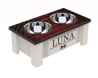 Personalized Elevated Dog Feeder - X-Small - Internal Storage - American Flag