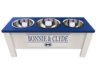 Personalized 3 Bowl Elevated Dog Feeder in Blue