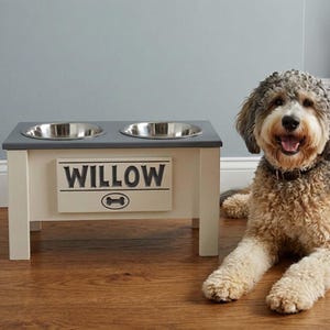 Personalized elevated dog feeder with gray lid, stainless steel bowls, white wooden raised dog bowl stand, and custom nameplate for large dogs.