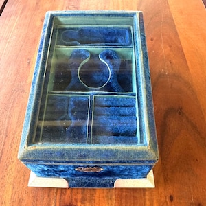 Rare stunning Victorian French plush bright blue velvet and silk with bevelled glass jewellery box