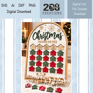 May include: An arched wooden Christmas advent calendar with the text Christmas Through His Eyes. It features a grid of house-shaped wooden tiles numbered 1 through 25 in red and green, with scripture references and icons, plus a nativity scene at the base.