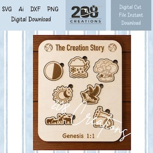 Puede incluir: Una tabla de madera clara con diseños cortados con láser que representan la historia de la creación. Incluye iconos de día y noche, clima, árboles, animales, aves y descanso, con el texto grabado The Creation Story y Genesis 1:1.