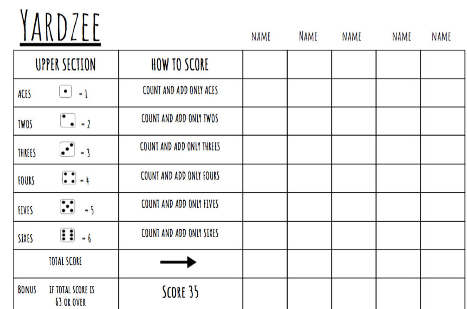 Yardzee Score Sheet PDF Etsy