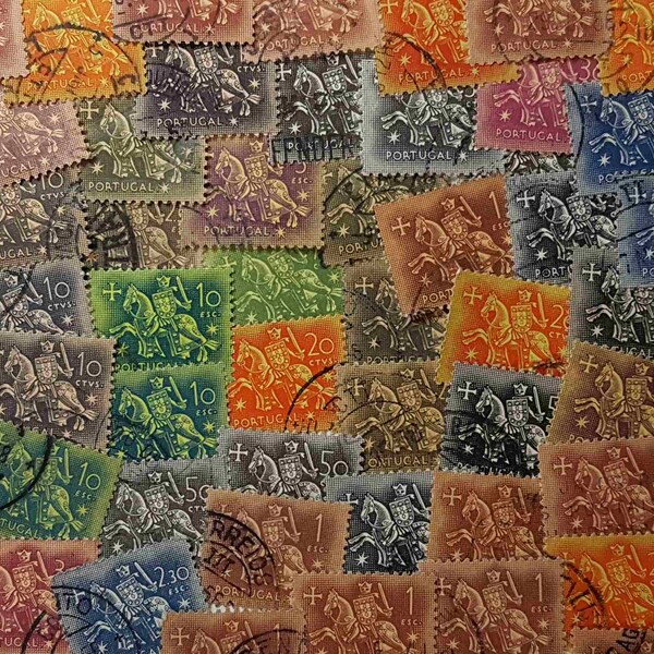 50 Portuguese Stamps, Portugal postage, Knight on Horse, Equestrian Vintage Used Stamp Lot off paper, decoupage, collage (e1416)