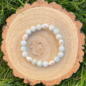 Aquamarine with Freshwater Rice Pearls, Semi Precious Gemstone Beaded Stretch Mala Bracelet and Meditation Aid