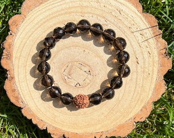 Smokey Quartz Beaded Stretch Mala Bracelet with Rudraksha