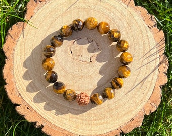 Tigers Eye Beaded Stretch Mala Bracelet with Rudraksha