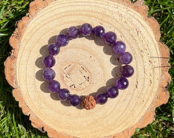 Amethyst Beaded Stretch Mala Bracelet with Rudraksha