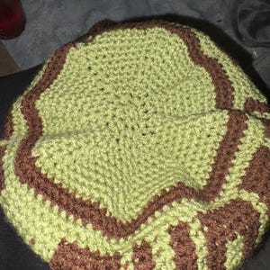 May include: A handmade crochet hat in shades of green and brown. The hat features a light green base with a repeating brown wavy stripe pattern around the crown. The hat is made of soft yarn.