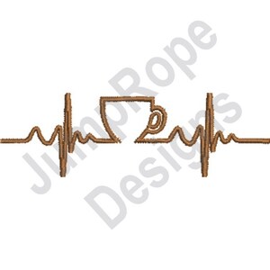 Peut inclure: Une ligne brune représentant un rythme cardiaque avec une tasse de café au milieu.