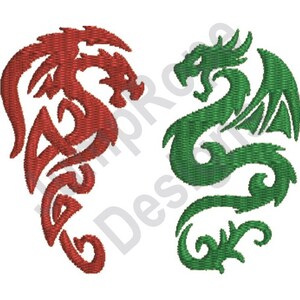 Peut inclure: Deux motifs de dragons stylisés, l'un rouge et l'autre vert, avec des détails complexes et un motif en spirale.