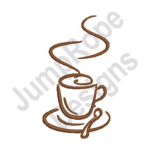 May include: A brown line drawing of a coffee cup with steam rising from it. The cup is on a saucer.