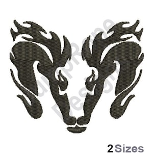 May include: Black and white stylized illustration of two ram heads facing each other. The ram heads are outlined in black and have a flame-like design.