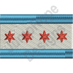 May include: A white flag with a blue stripe at the top and bottom and four red stars in the center. The flag is embroidered.