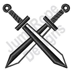 May include: Two black swords crossed over each other. The swords have a simple design with a rounded hilt and a pointed tip.
