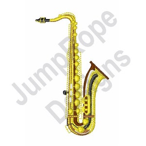 Pode incluir: Um saxofone dourado com detalhes pretos e marrons. O saxofone é um instrumento musical.