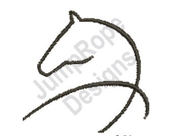 May include: A simple line drawing of a horse's head and neck in black on a white background.