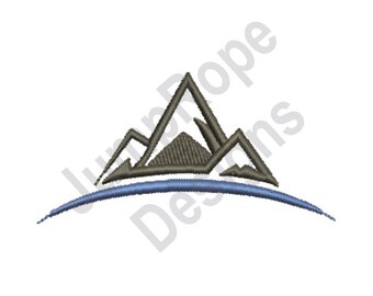 Può includere: Un'immagine stilizzata di tre montagne con un arco blu sottostante. Le montagne sono grigie e contornate di nero.