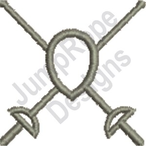 May include: Embroidered design featuring two crossed swords with a teardrop-shaped element in the center. The design is in a light gray color and includes the text "Jump Rope Designs" in the background.