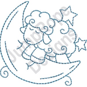 May include: A line drawing of a sheep sleeping on a crescent moon with two stars. The sheep is curled up on the moon and has its eyes closed. The stars are five-pointed and are located above the sheep.