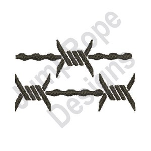 May include: Two strands of barbed wire, each with a twisted barb, are shown in a black and white image.