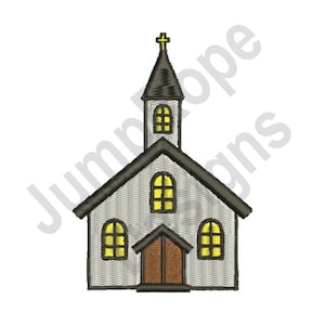 Puede incluir: Imagen bordada de una iglesia con campanario y cruz. La iglesia tiene un exterior gris, una puerta marrón y ventanas iluminadas en amarillo. El texto "Jump Rope Designs" es visible en la esquina superior derecha.