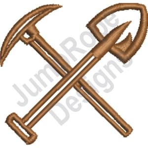 May include: A brown pickaxe and shovel crossed over each other. The tools are a symbol of hard work and labor.