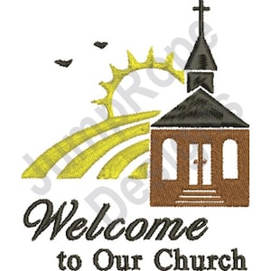 Puede incluir: Bienvenido a nuestra iglesia, un edificio de iglesia negro y marrón con un sol amarillo y campos verdes en el fondo.