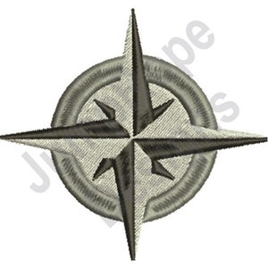 May include: A gray compass rose with a circular border. The compass rose has four points and is in the shape of a star.