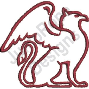 May include: A red line drawing of a griffin, a mythical creature with the head and wings of an eagle and the body of a lion.