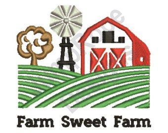 May include: A red barn with white trim and a white windmill stands on a green field with rolling hills. The text "Farm Sweet Farm" is below the image.
