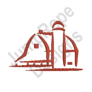 Puede incluir: Un dibujo de línea roja de un granero con un silo. El granero tiene una ventana cuadrada y una puerta. El silo tiene una parte superior redondeada.